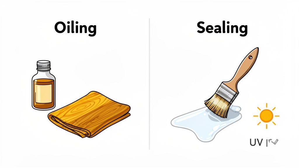 An illustration comparing oiling (bottle, wood grain cloth) and sealing (paintbrush, sealant, UV protection) methods.