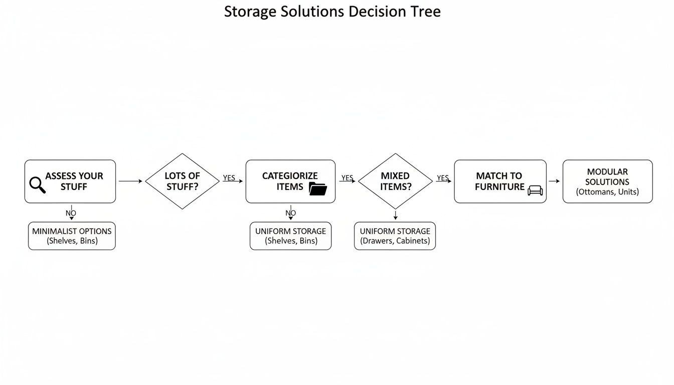 A decision tree flowchart for storage solutions, guiding users from assessing items to selecting modular options.