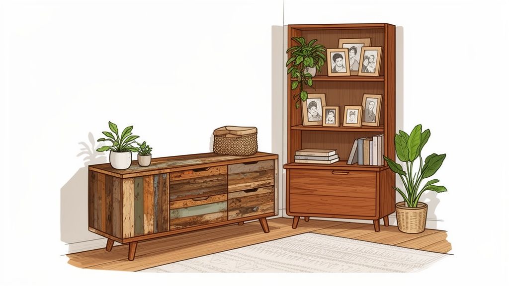 A rustic living room with a reclaimed wood sideboard, wooden bookshelf, plants, and framed photos.