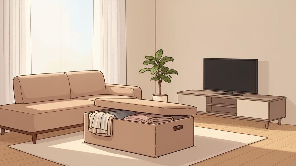 A modern living room with a sectional sofa and an open ottoman revealing storage inside.