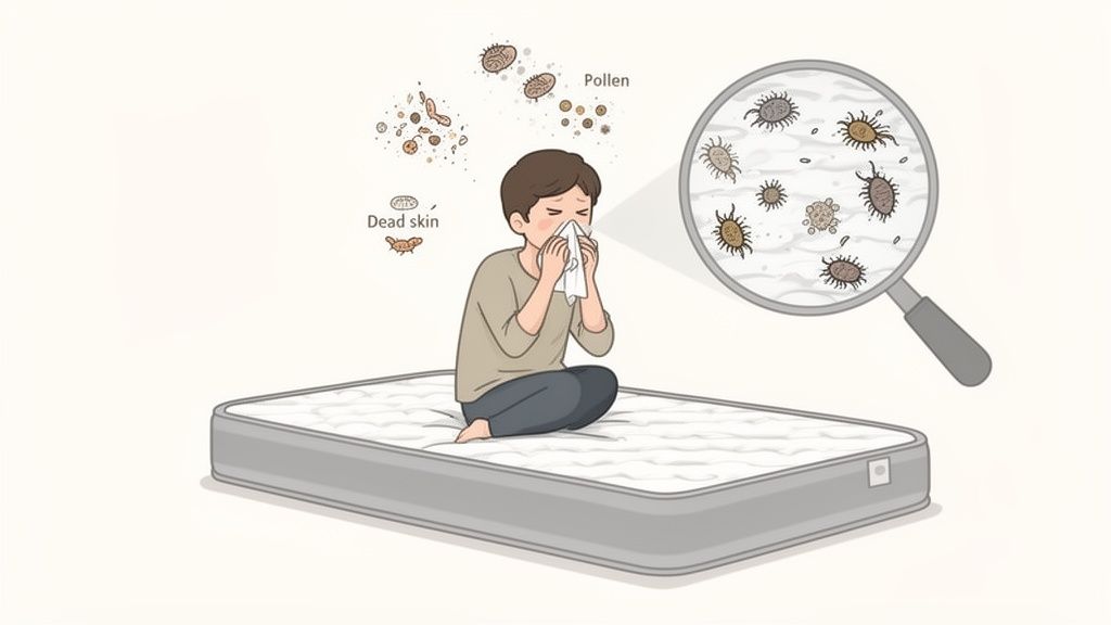 Illustration of someone sneezing on a mattress due to dust mites, dead skin, and pollen.