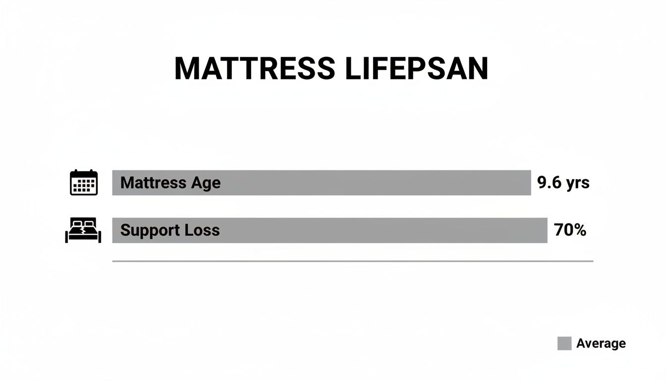Bar chart illustrating average mattress lifespan, showing 9.6 years of age and 70% support loss.