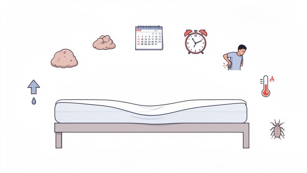 Illustration showing a worn mattress surrounded by icons representing dust, moisture, age, sleep issues, back pain, heat, and bed bugs.