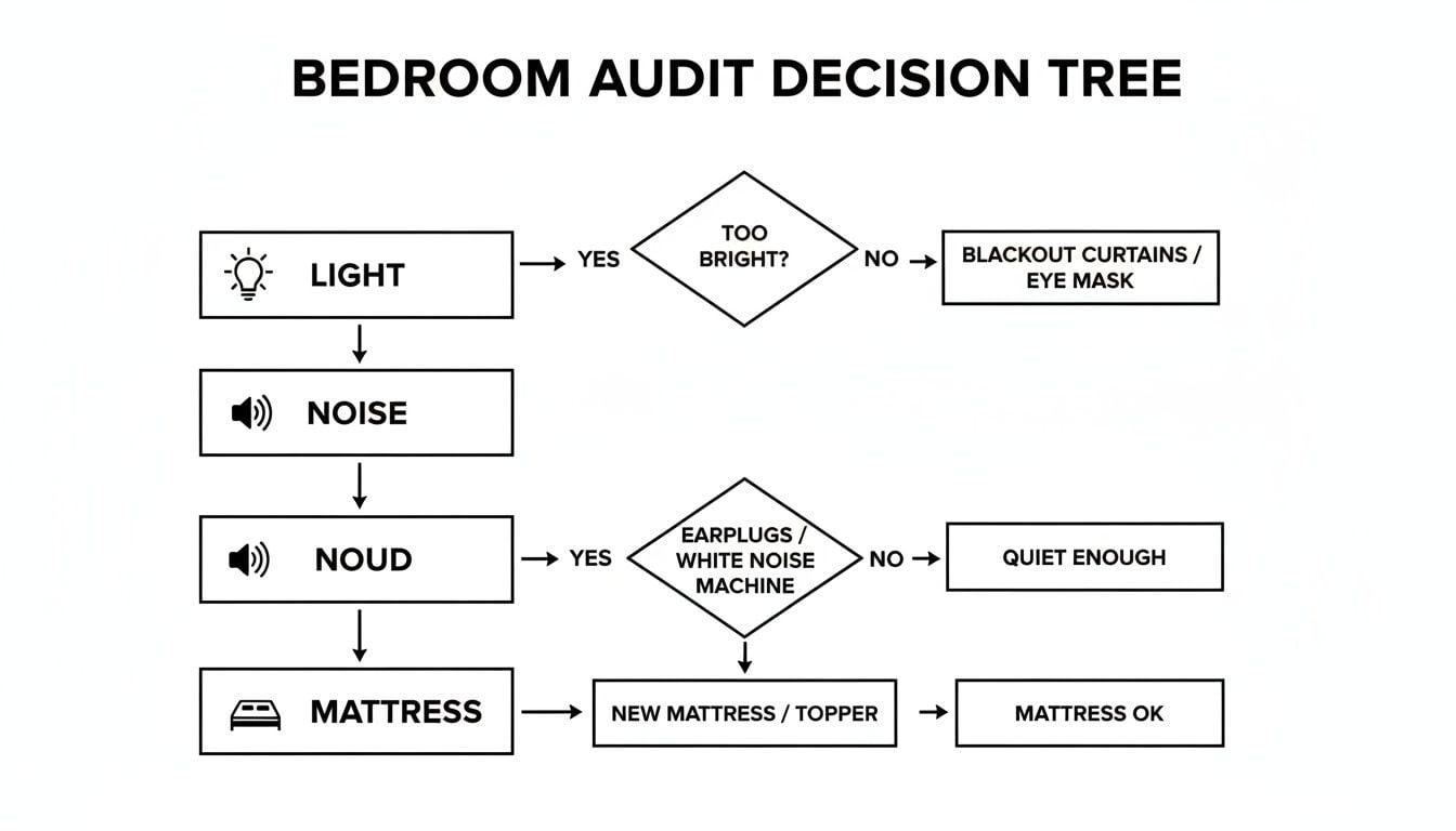 A bedroom audit decision tree flowchart illustrating steps to improve sleep quality by addressing light, noise, and mattress comfort.