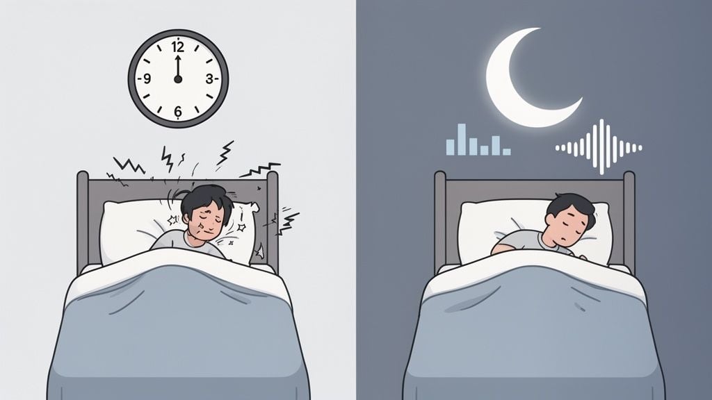 Illustration contrasting a person struggling to sleep with a peaceful sleeper during the night.