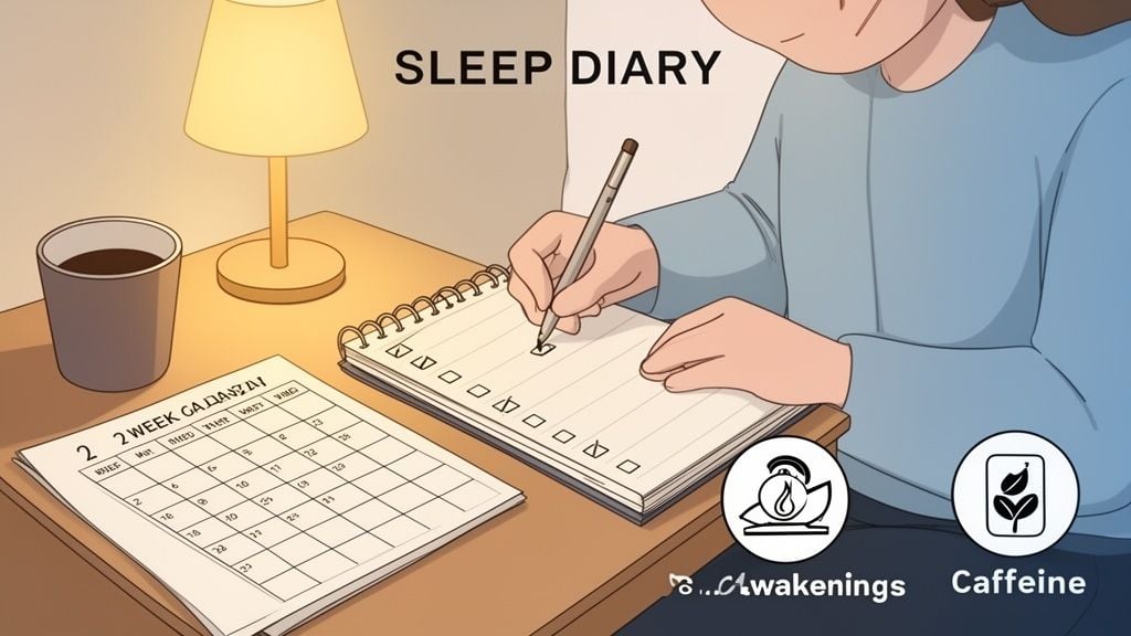 A person writing in a sleep diary with a pen, next to a calendar, coffee, and icons for awakenings and caffeine.