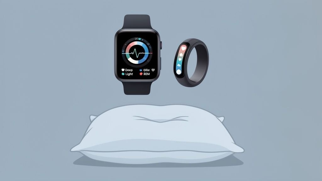 A smartwatch and smart ring on a pillow display sleep tracking data and heart rate.