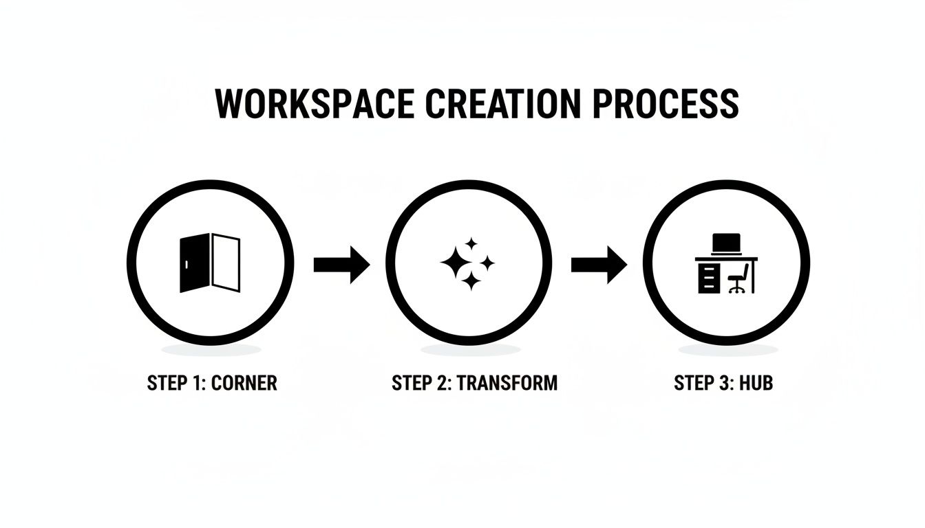 A diagram illustrating the workspace creation process with three steps: corner, transform, and hub.