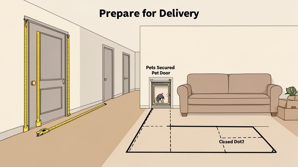 An illustration showing a room being prepared for a white glove delivery, with measurements and pets secured.