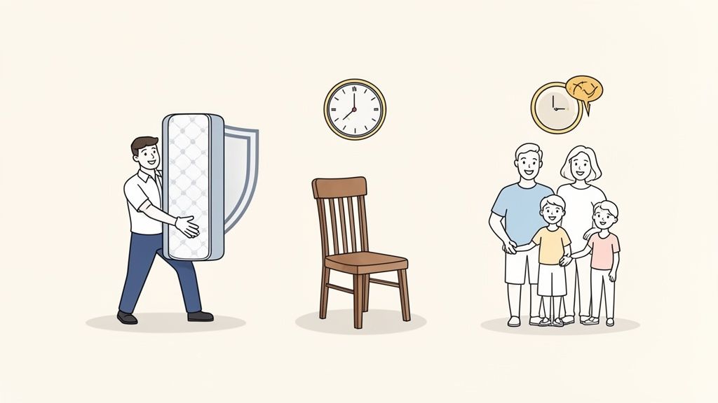 An illustration of a man delivering a mattress, a clock, a chair, and a happy family.