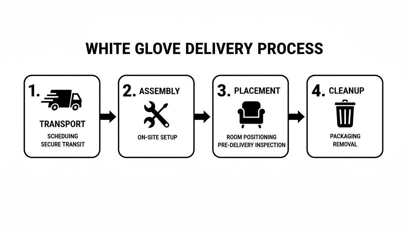 A four-step infographic illustrating the white glove delivery process, including transport, assembly, placement, and cleanup.