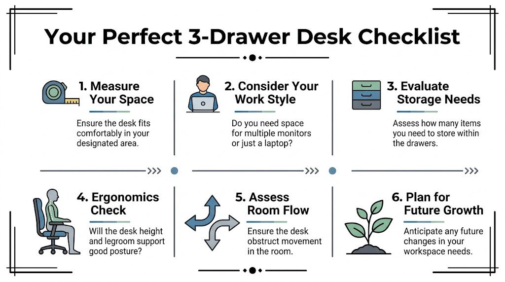 A six-step checklist graphic for choosing a perfect 3-drawer desk, including measurements, style, and room layout.
