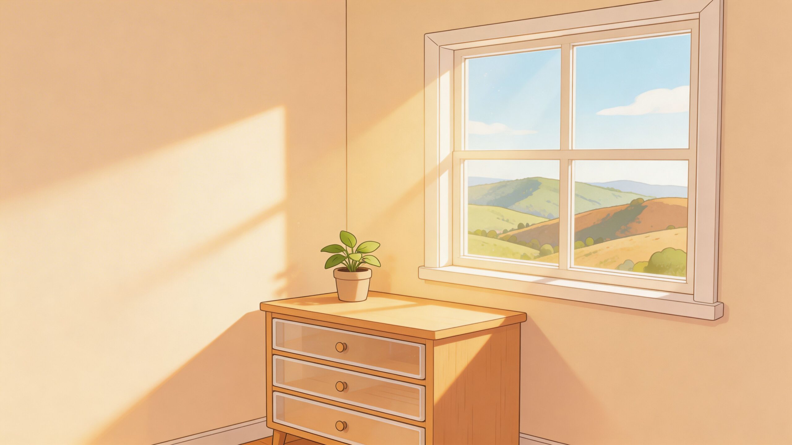 A cozy room featuring a wooden dresser with a small plant near a bright window with hills.