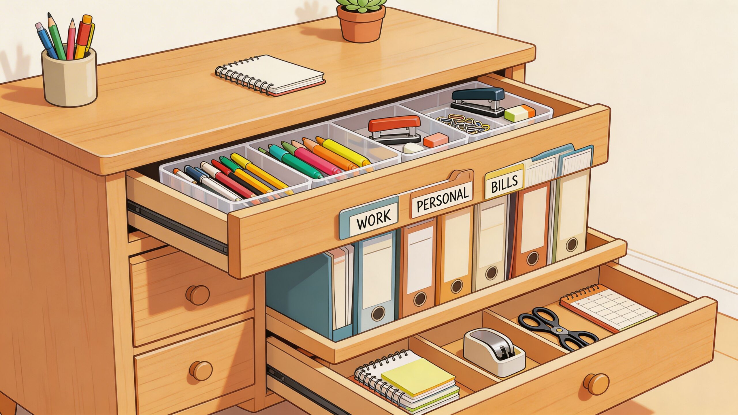 Open wooden desk drawers filled with neatly organized stationery, folders, pens, and office supplies in a workspace.