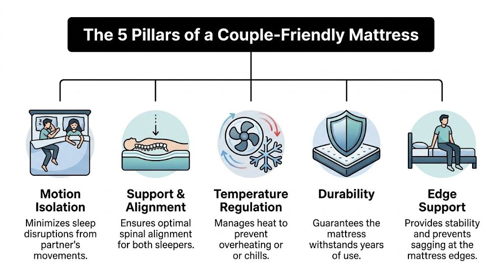 An infographic titled The 5 Pillars of a Couple-Friendly Mattress, illustrating key features like support and temperature regulation.