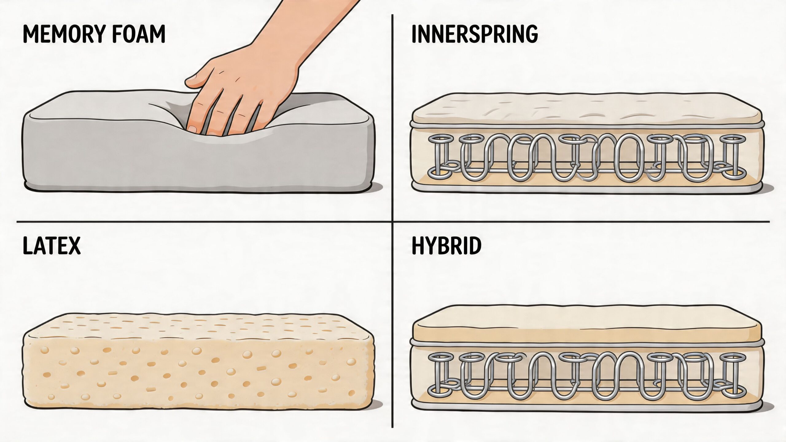 A diagram comparing four common mattress types including memory foam, innerspring, latex, and hybrid designs.