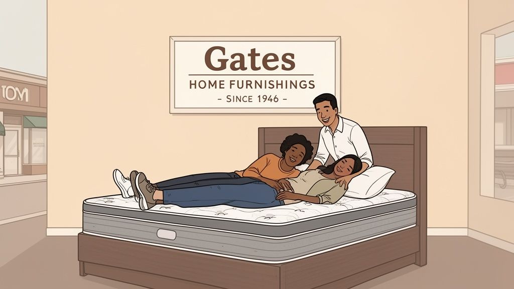 A smiling diverse family (man, woman, child) relaxing together on a new mattress in a furniture store.