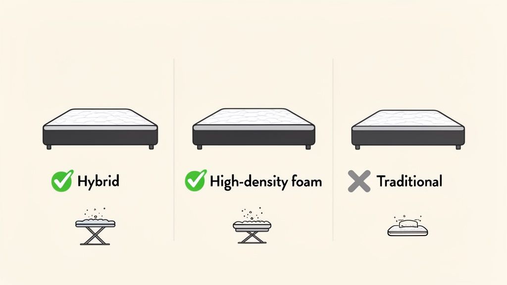 Illustrates three mattress types: Hybrid and High-density foam are recommended, Traditional is not, highlighting suitability.