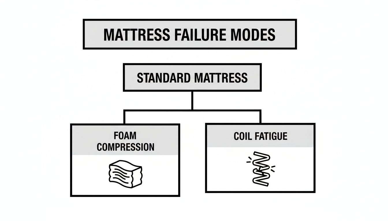 A flowchart illustrates mattress failure modes, detailing how a standard mattress can fail due to foam compression or coil fatigue.