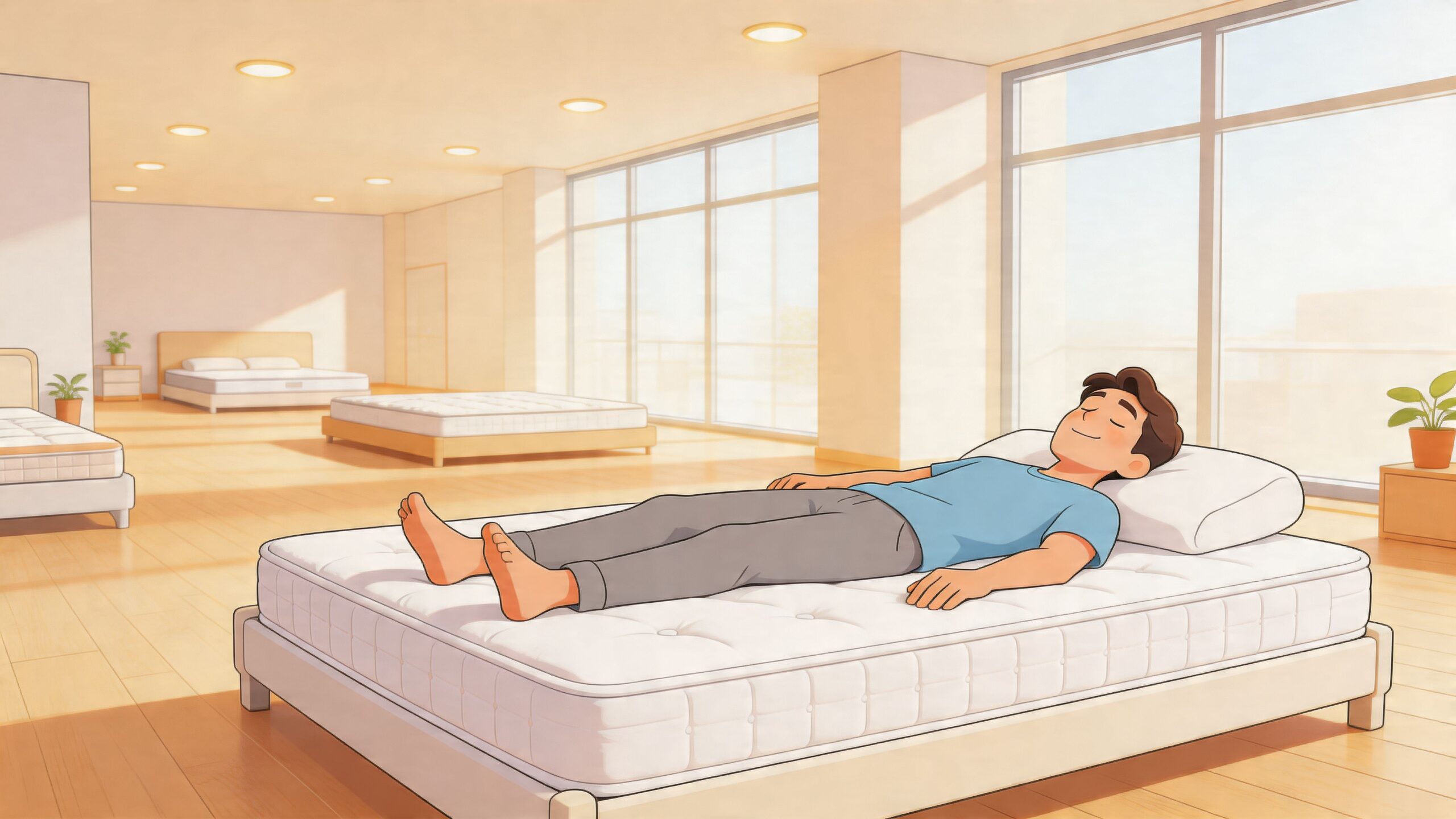 A person lying comfortably on a mattress in a bright, modern showroom to test its pressure relief.