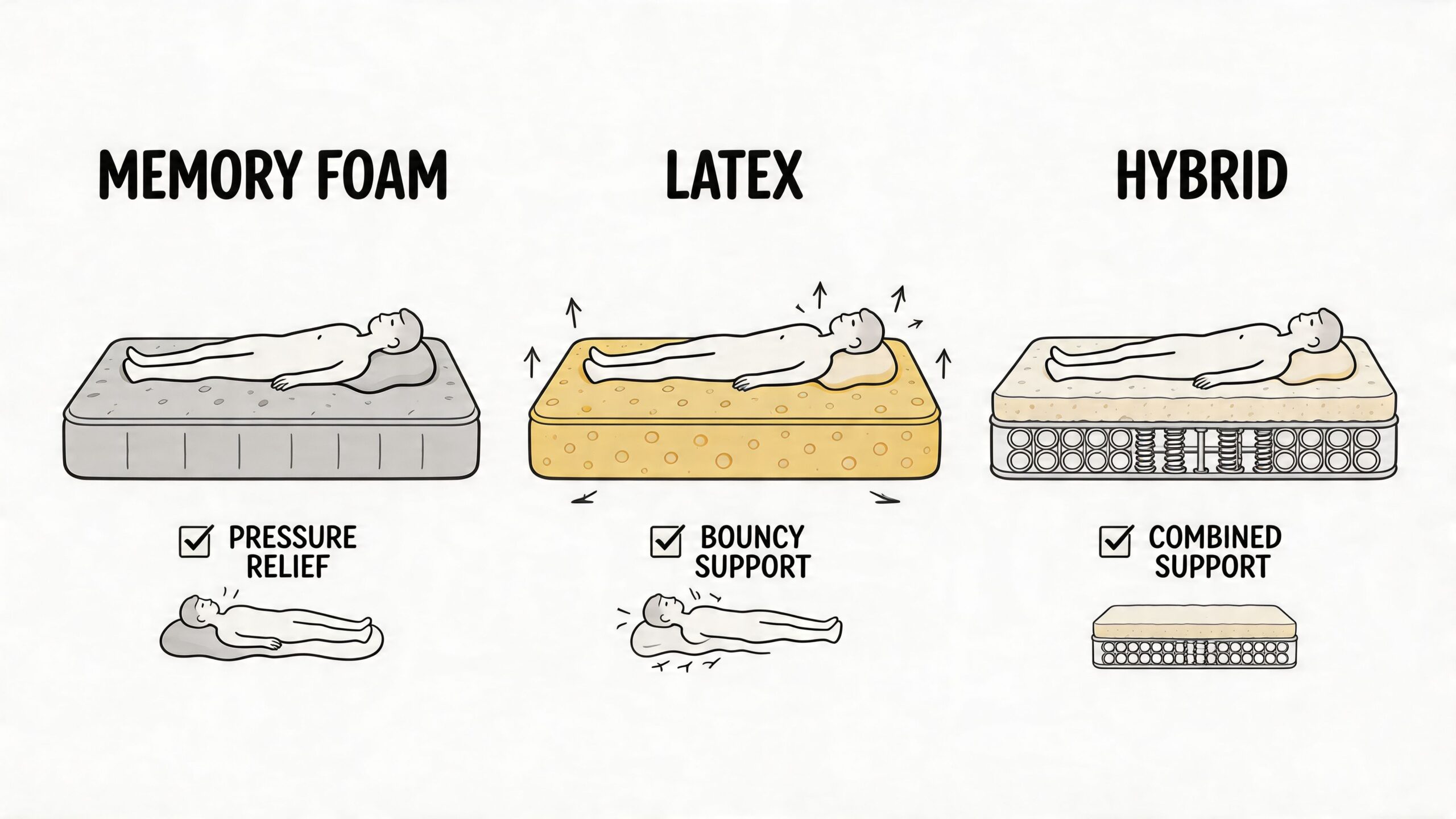 An illustration comparing memory foam, latex, and hybrid mattresses, highlighting their unique support and pressure relief benefits.