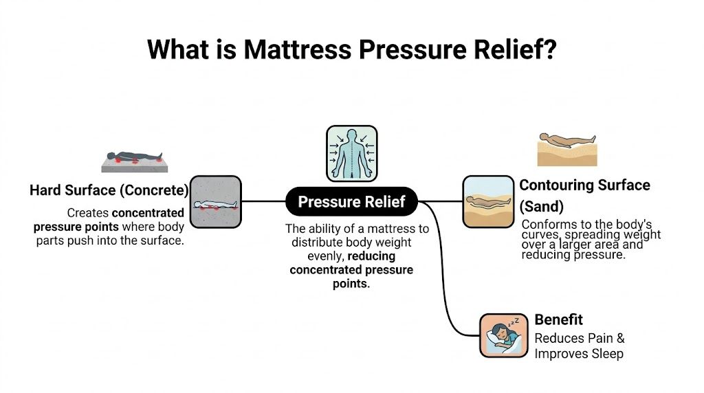 An infographic explaining mattress pressure relief by comparing hard surfaces with contouring surfaces and their sleep benefits.