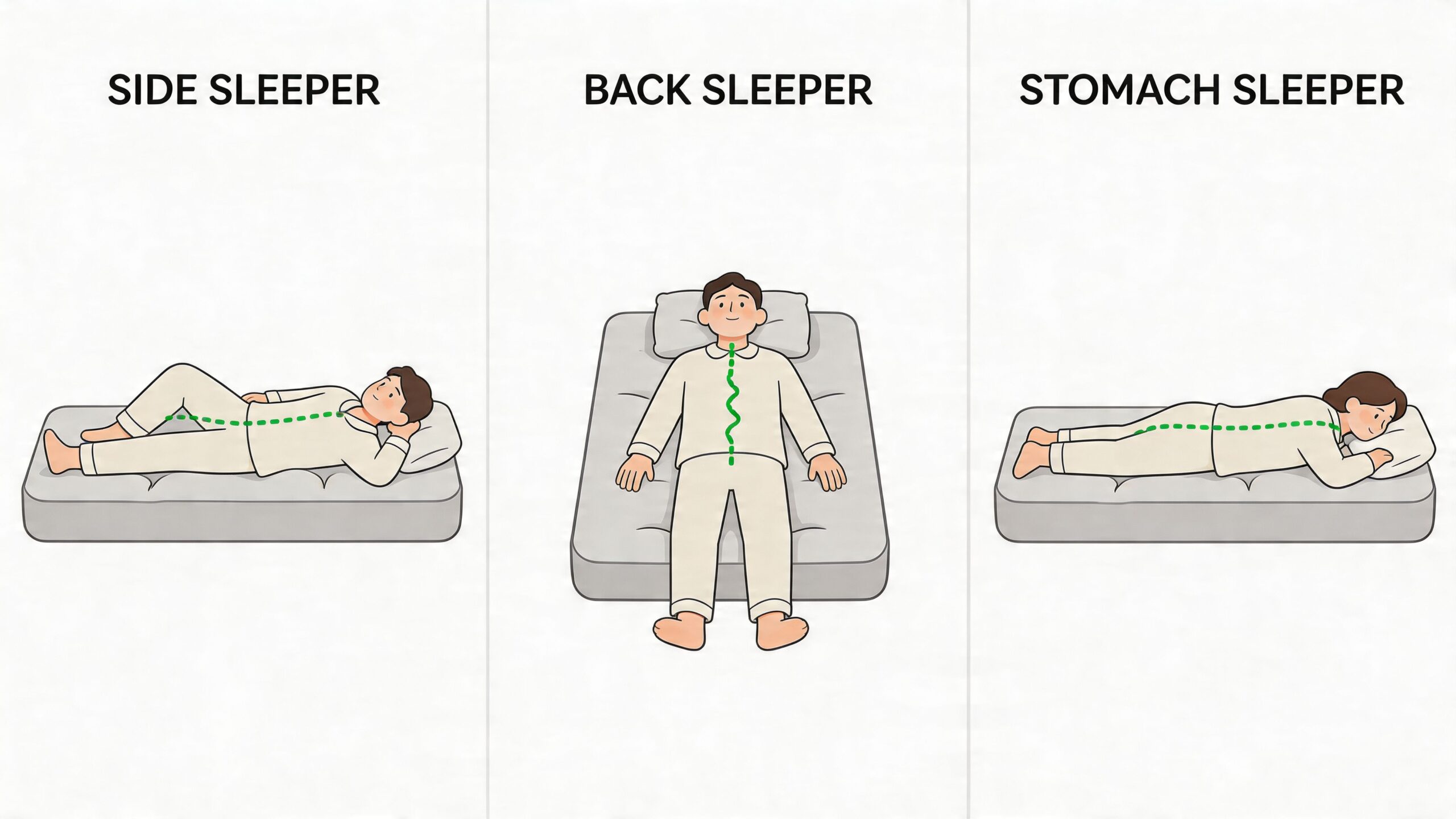 An illustration showing three different sleeping positions: side sleeper, back sleeper, and stomach sleeper on mattresses.