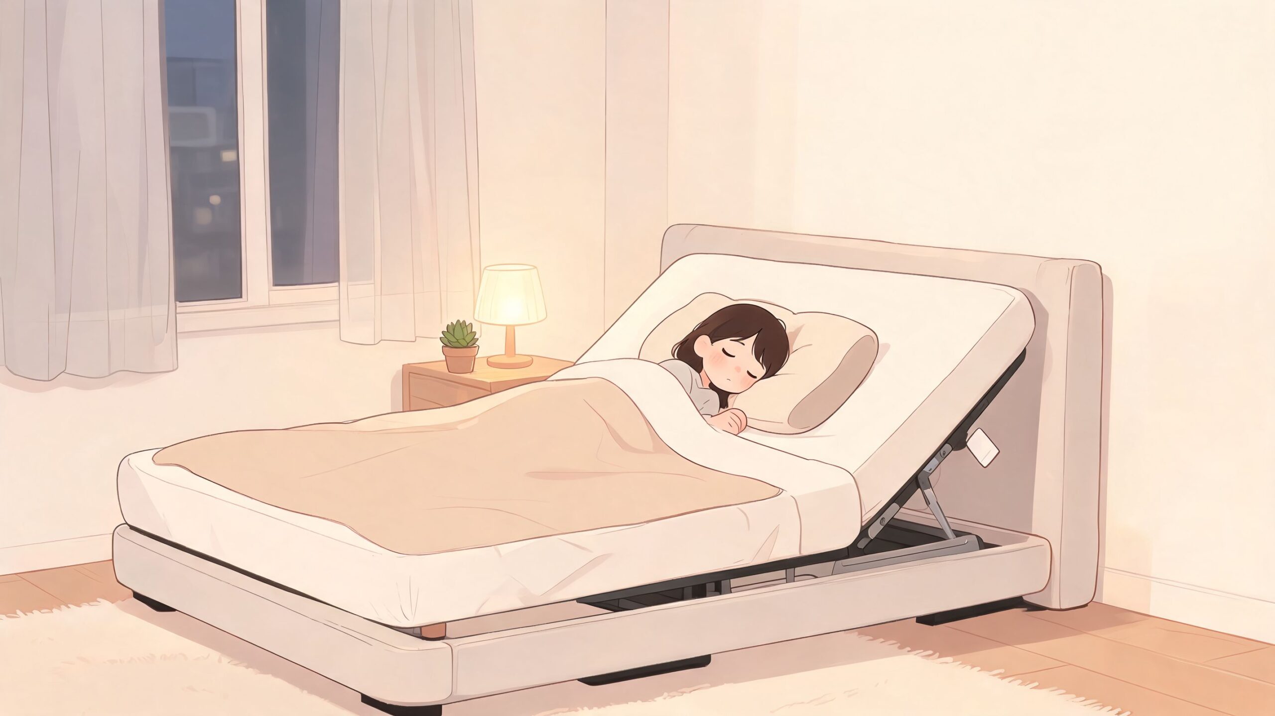 A girl sleeping comfortably on an adjustable bed in a cozy bedroom with warm lamp lighting.