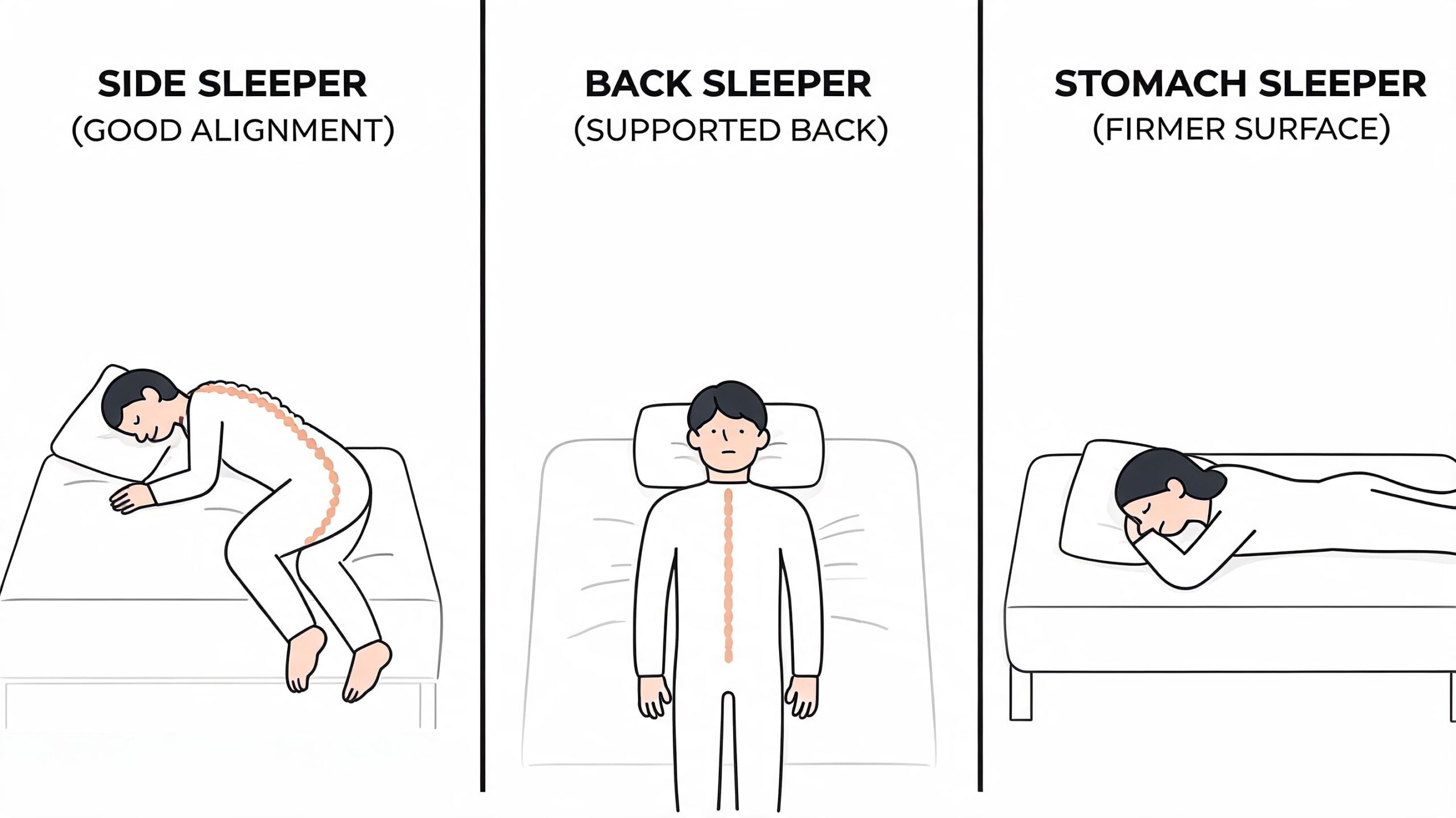 A diagram illustrating three different sleeping positions: side sleeper, back sleeper, and stomach sleeper on a bed.