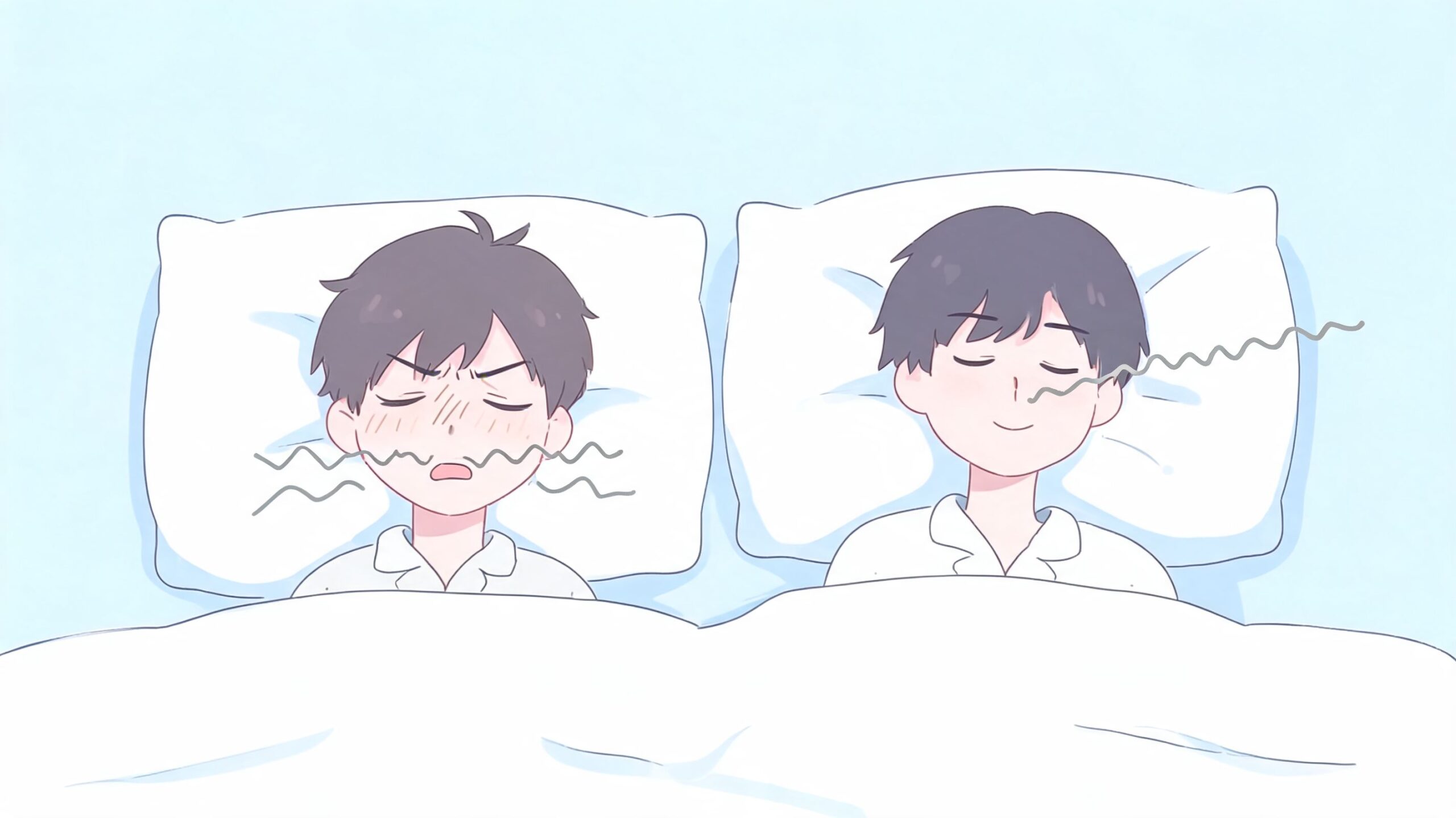Two people sleeping in a bed, one breathing heavily through mouth and one breathing calmly through nose.