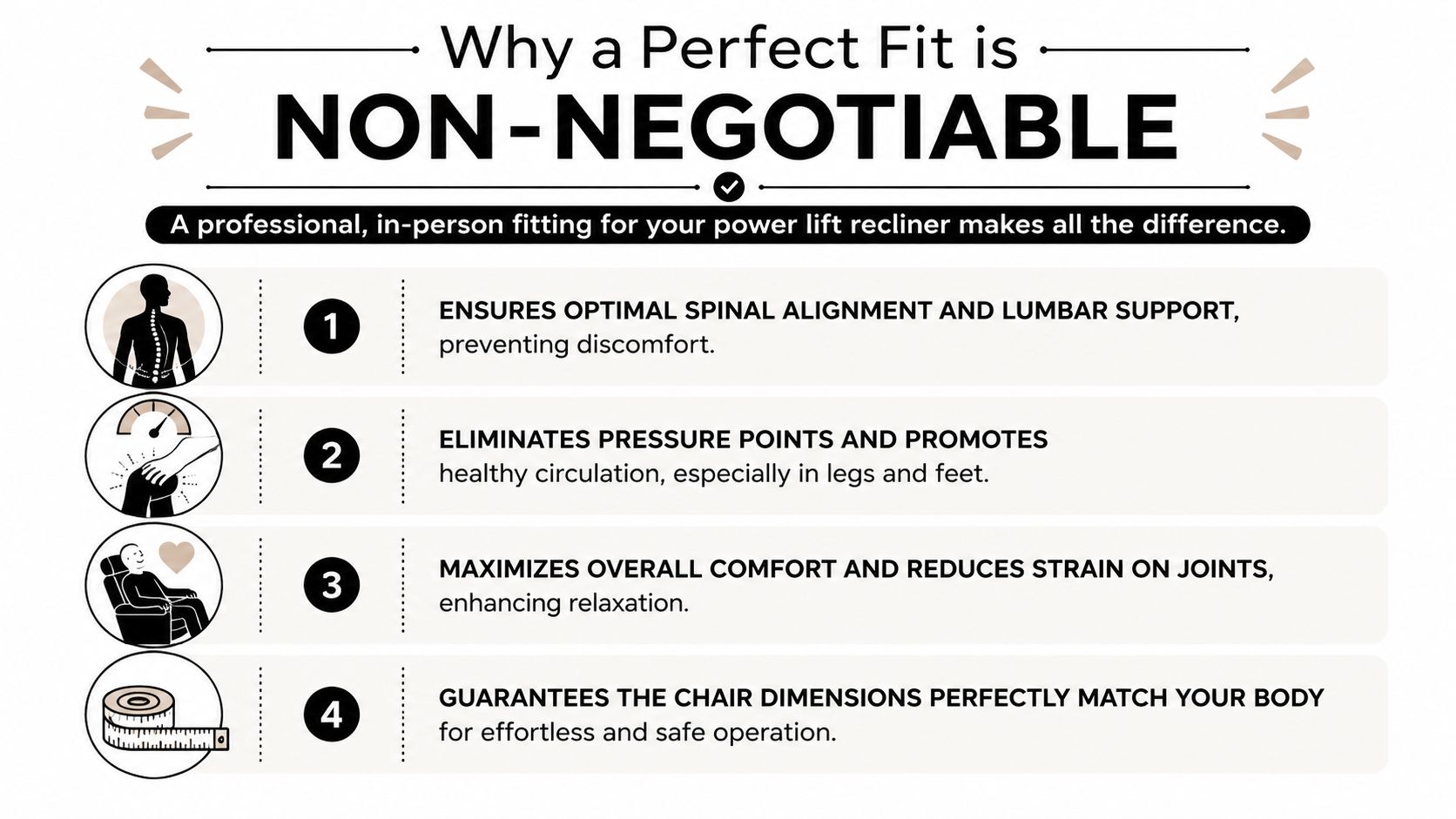An infographic detailing four key health and comfort benefits of getting a professional power lift recliner fitting.