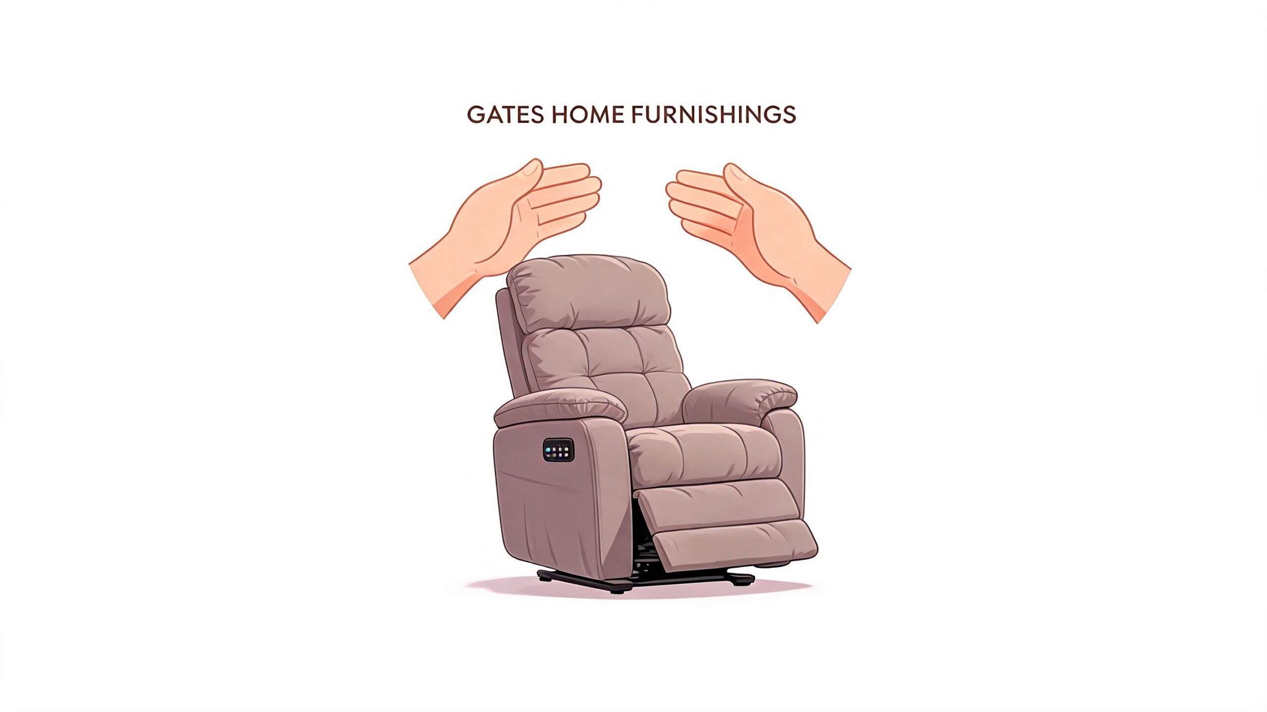 A gentle illustration of two hands hovering protectively over a modern brown power lift recliner chair.