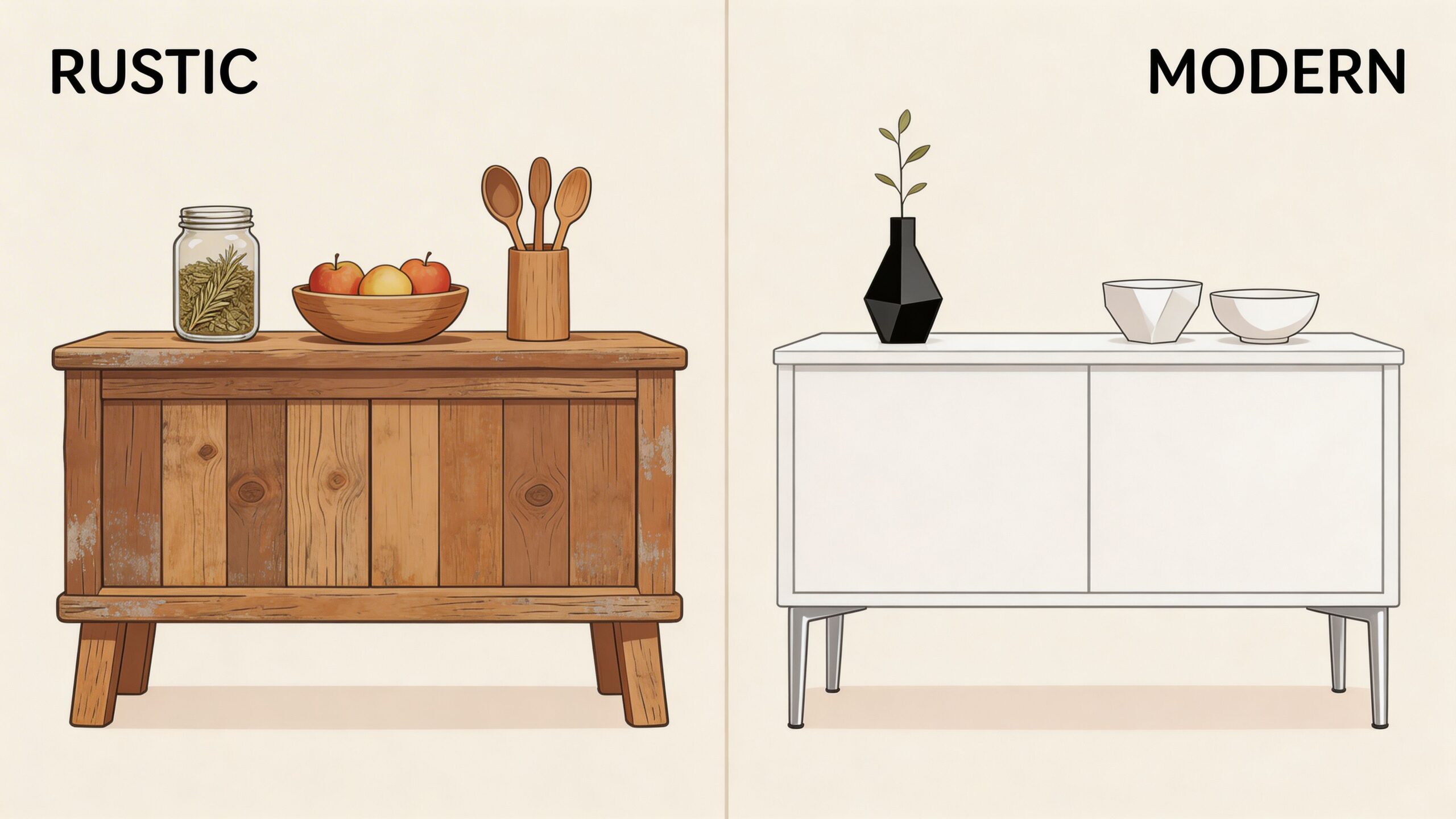 A side-by-side comparison illustrating the design differences between a rustic wooden buffet and a modern white server.