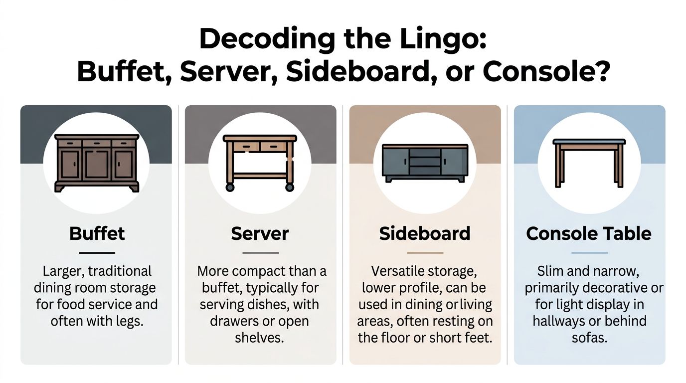 A comparison chart explaining the differences between a buffet, server, sideboard, and console table for home furniture.