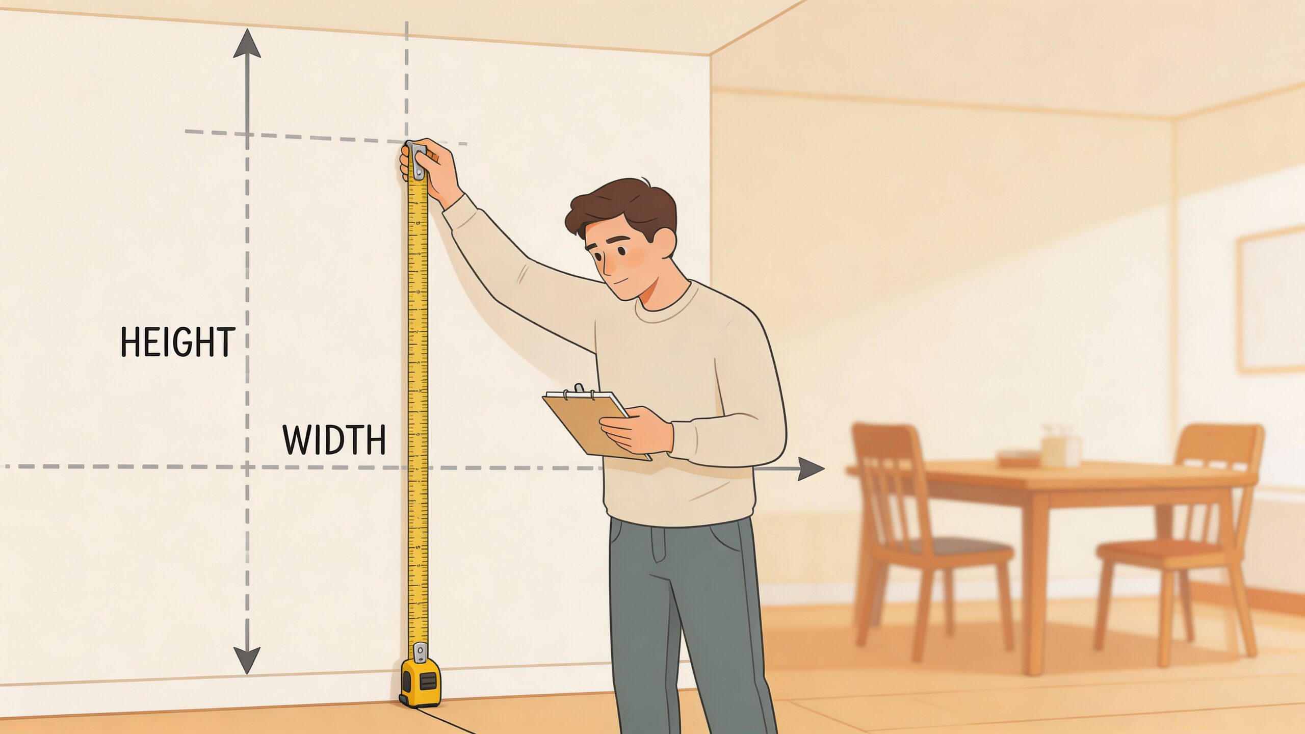A man using a tape measure to determine the dimensions of a wall in a room.