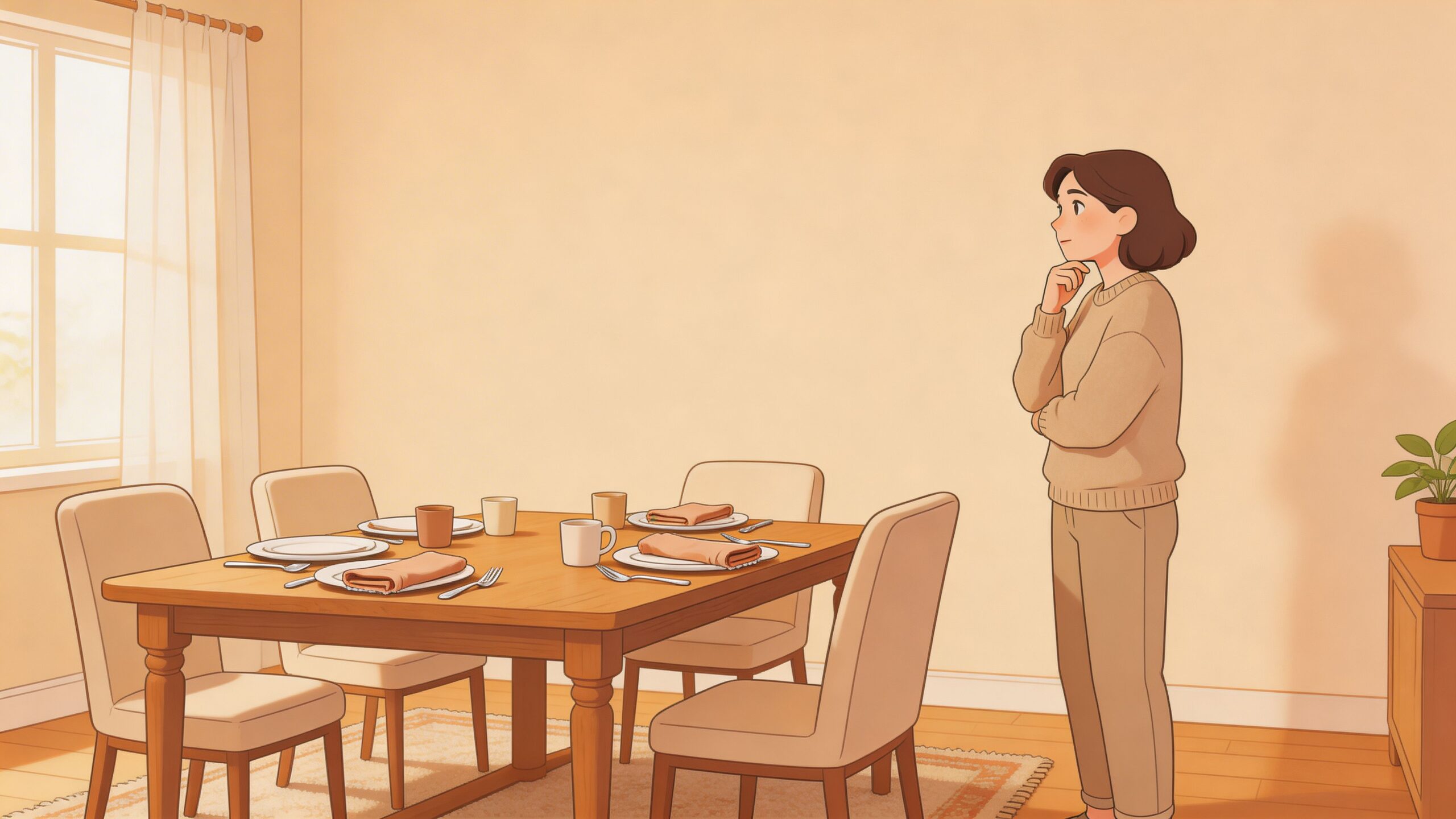 A young woman in a beige sweater standing thoughtfully in a dining room near a wooden table.