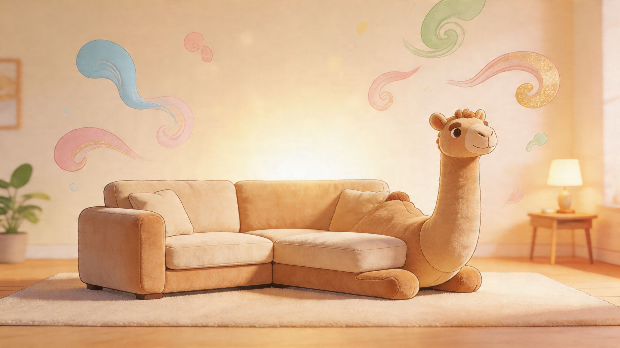A playful camel-shaped sectional sofa in a warm, cozy room decorated with whimsical floating swirl patterns.