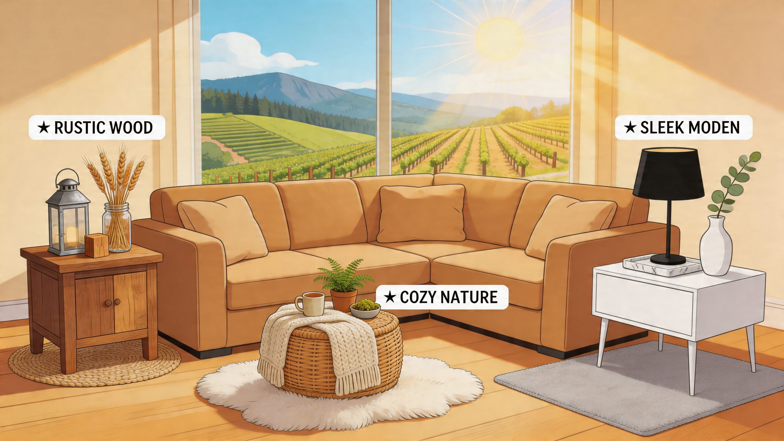A cozy living room featuring a camel colored sectional couch by a window overlooking a sunny vineyard.