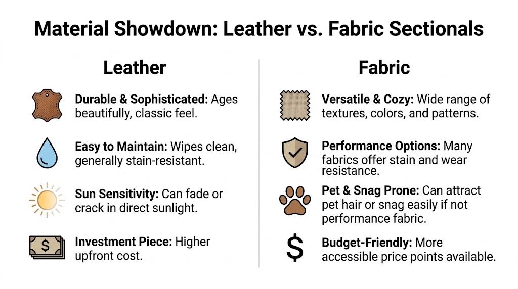 A comparison chart outlining the pros and cons of leather versus fabric sectionals for home furniture.