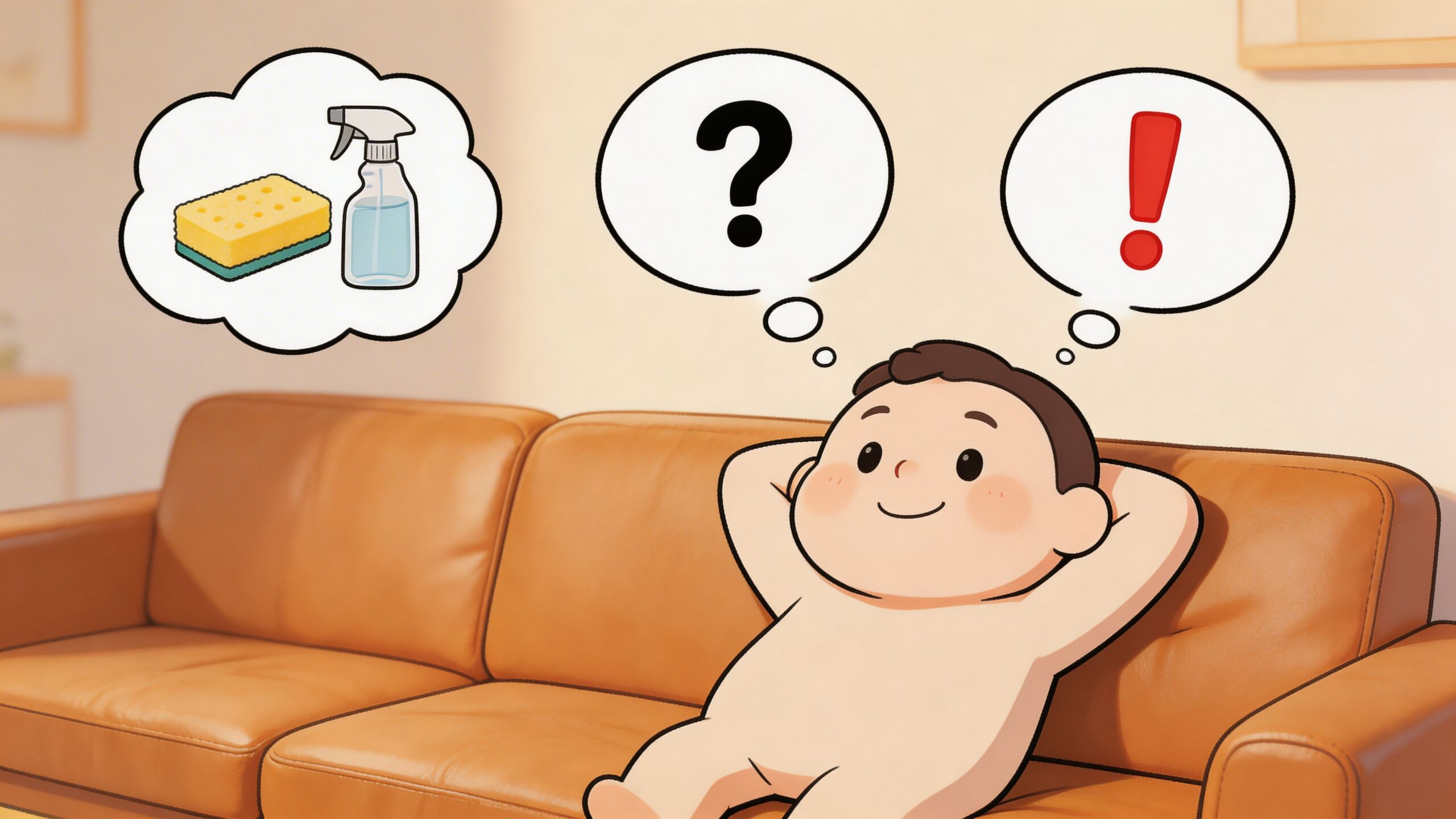 An illustration of a cartoon baby lounging on a caramel leather sectional thinking about cleaning supplies.