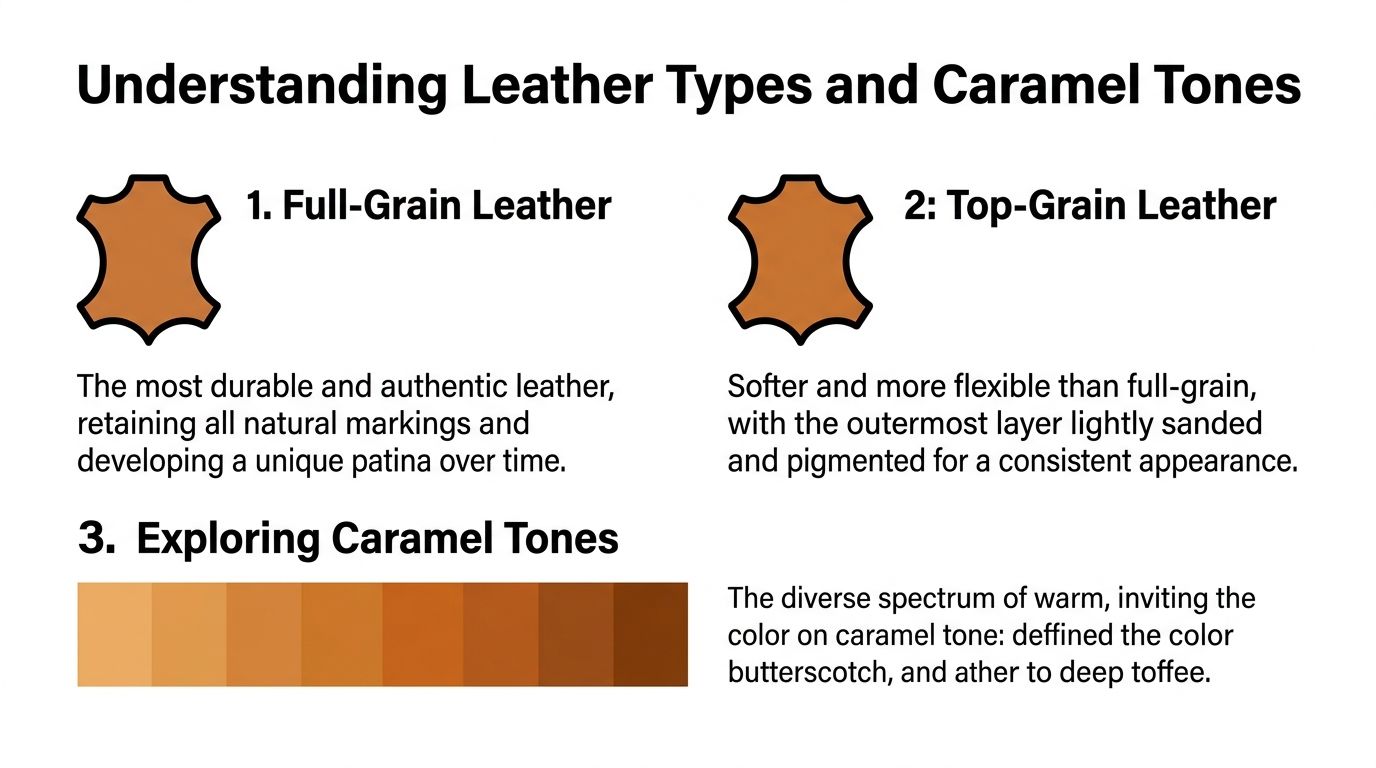 An infographic showing types of leather, specifically full-grain and top-grain, alongside a gradient of caramel color tones.