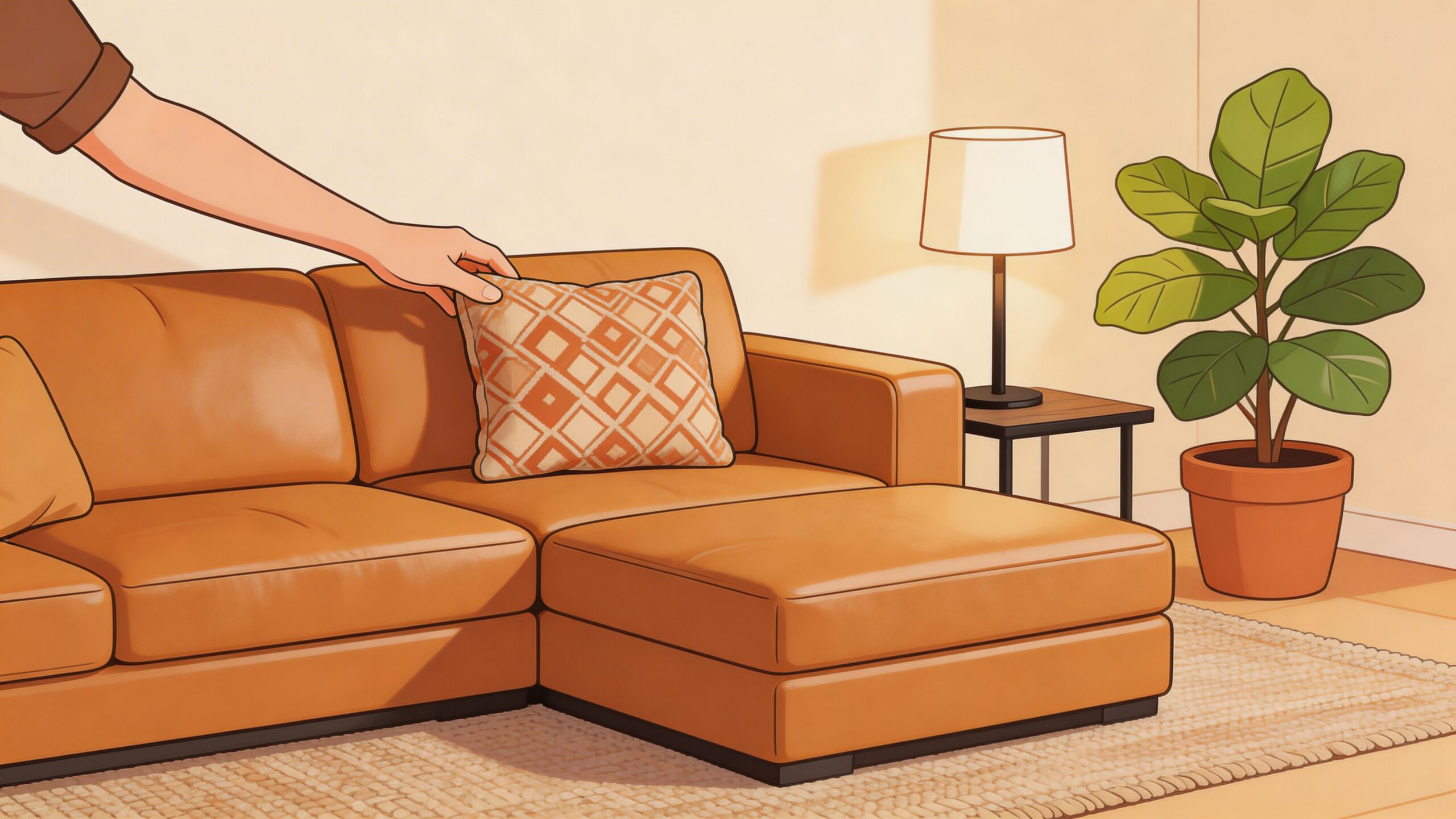A hand adjusts a patterned cushion on a modern caramel leather sectional sofa in a living room.