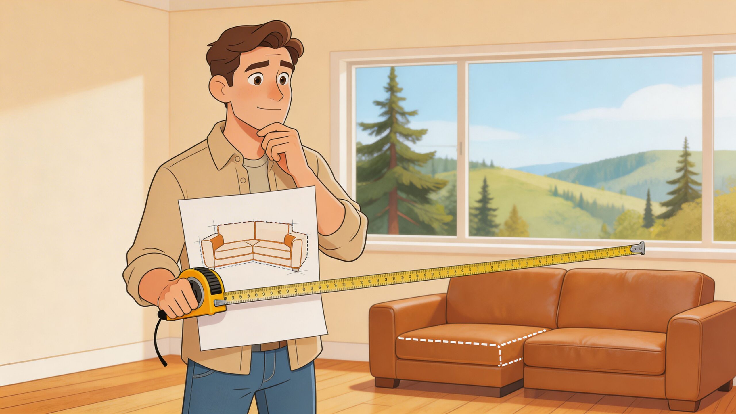 A man holds a sofa design drawing and a measuring tape while standing near a leather couch.