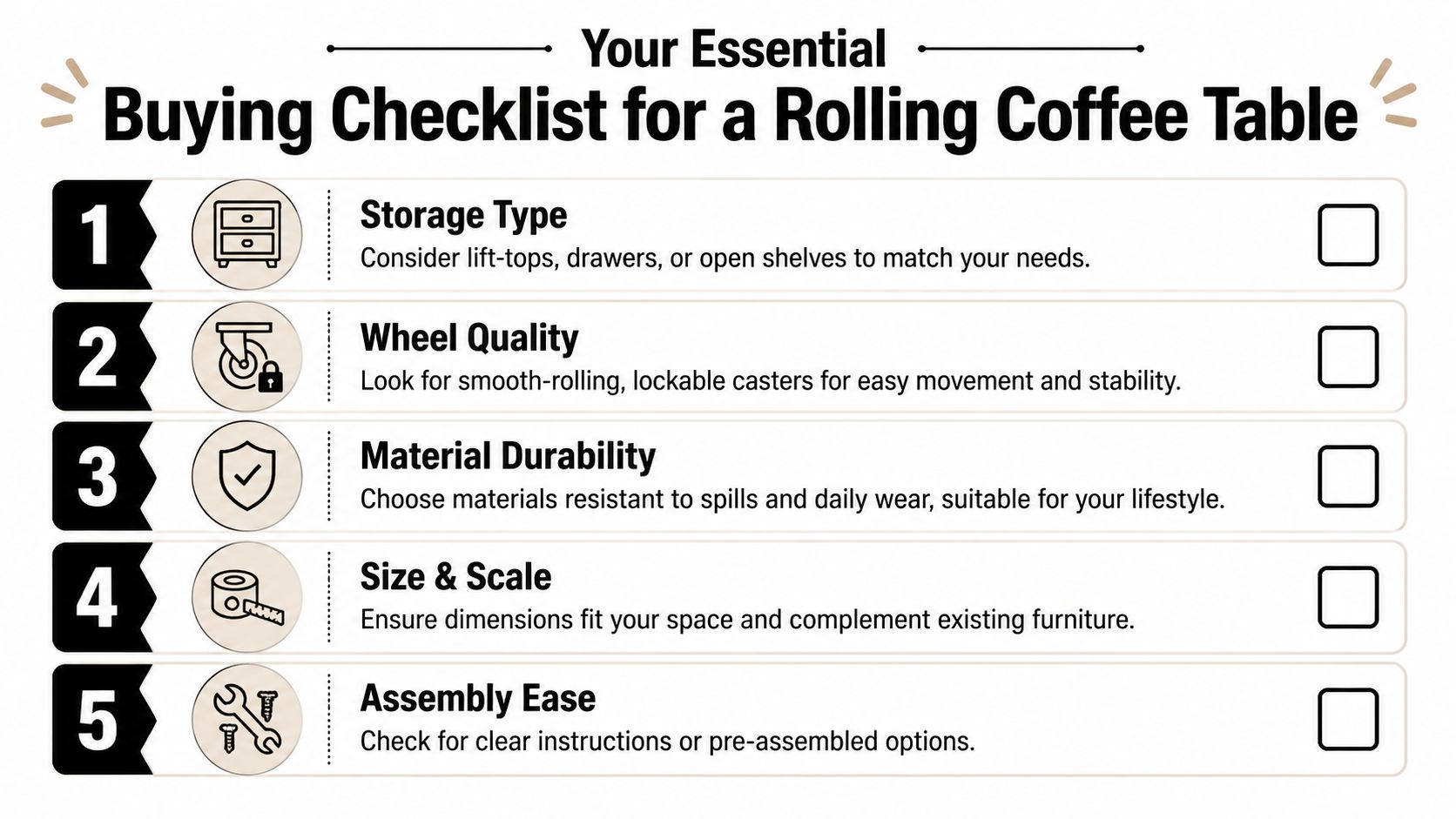 An infographic checklist for buying a rolling coffee table with five essential considerations and matching icons.