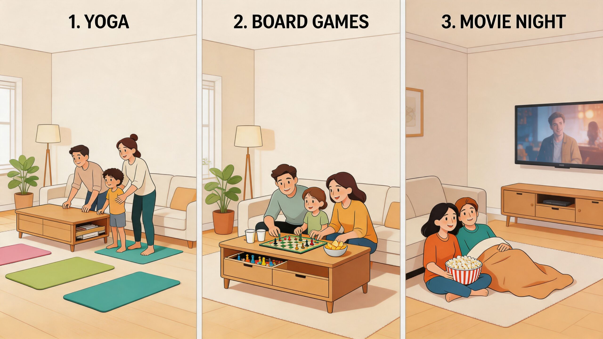 A split image showing a coffee table with storage on wheels used for yoga, games, and movies.