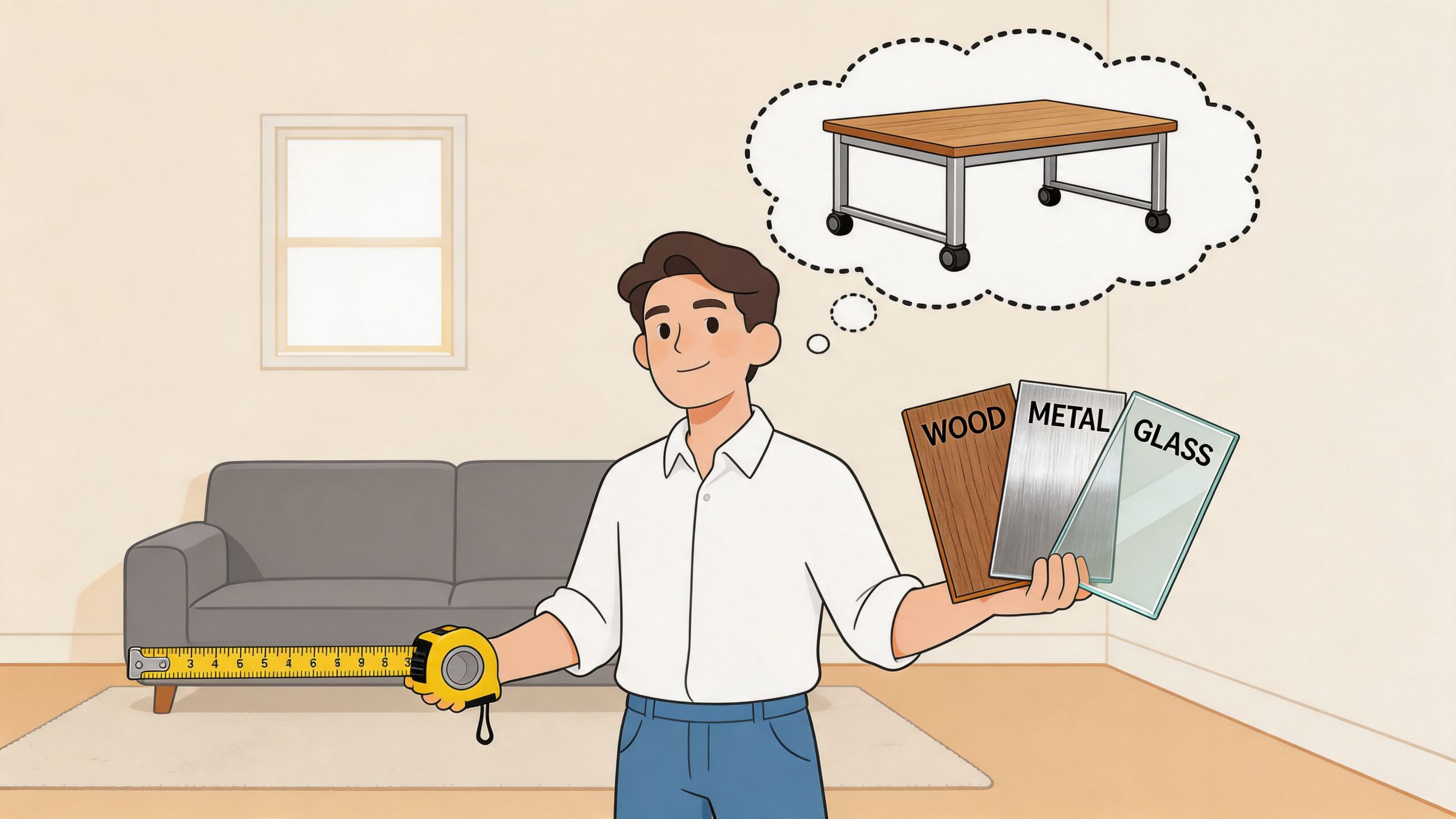 A man holding a measuring tape and material samples while thinking about a new coffee table.