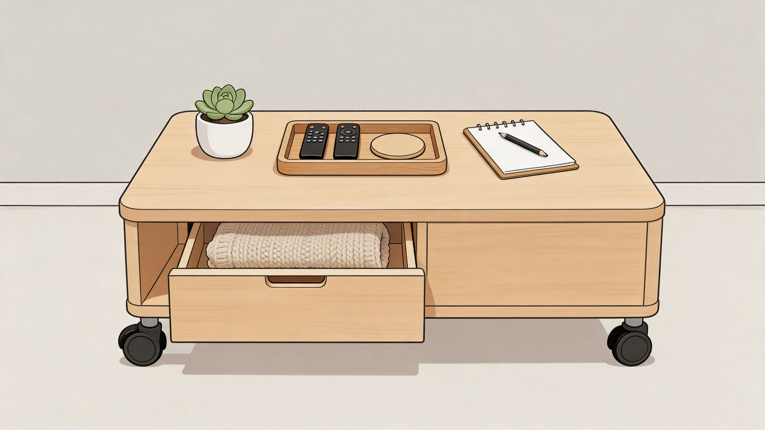 A modern wooden coffee table with a storage drawer, rolling wheels, and accessories on its tabletop.