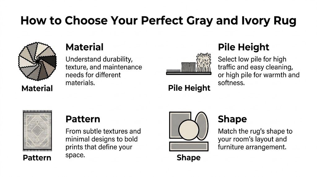 A helpful infographic guide on choosing the perfect gray and ivory rug for your home interior.