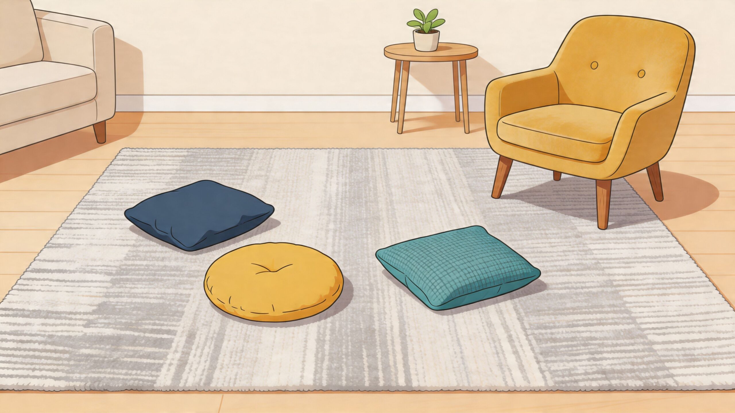 A cozy living room featuring a striped gray and ivory rug with three colorful floor cushions.
