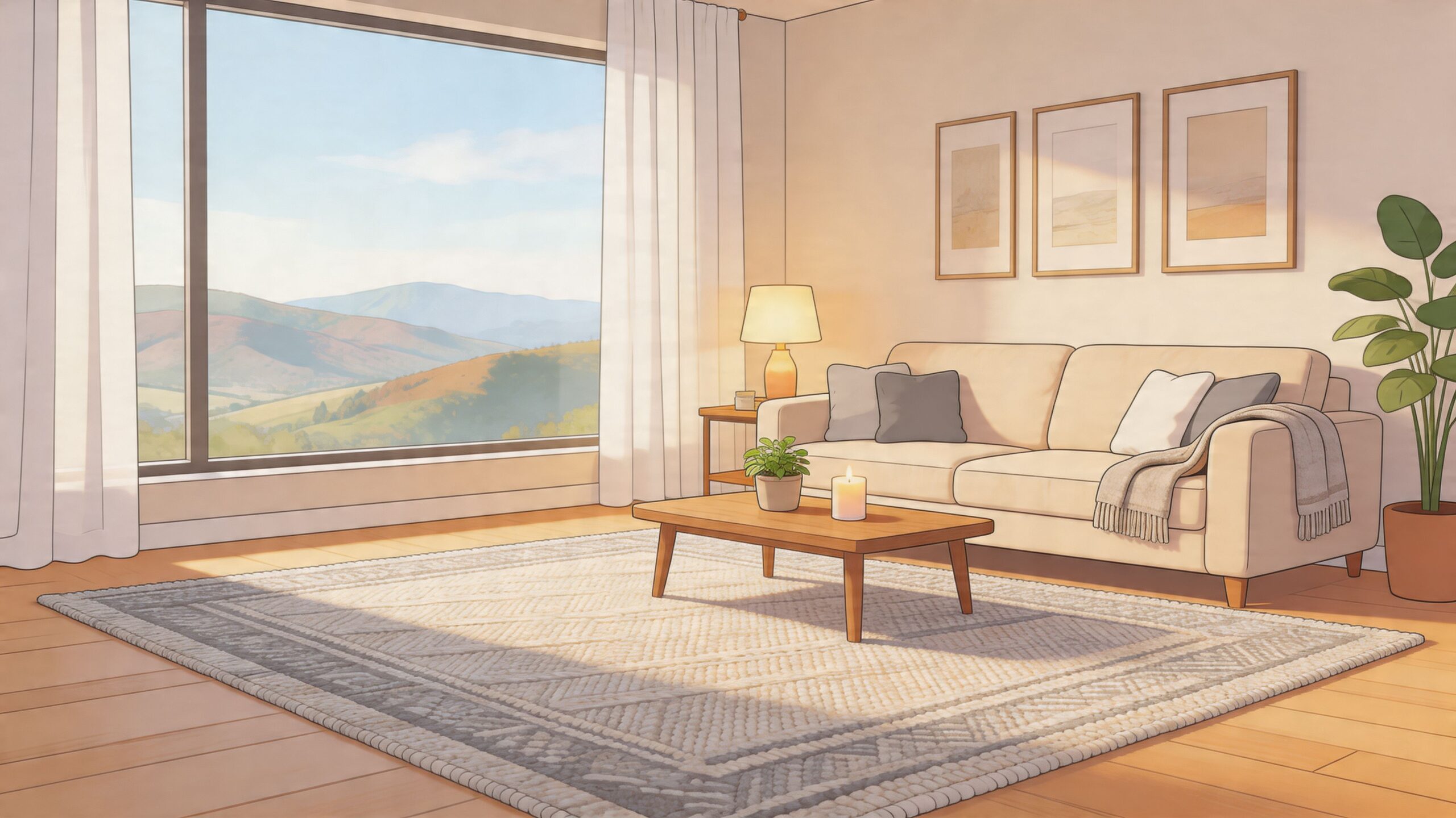 A cozy, sunlit living room featuring a neutral gray and ivory textured rug beneath a beige sofa.